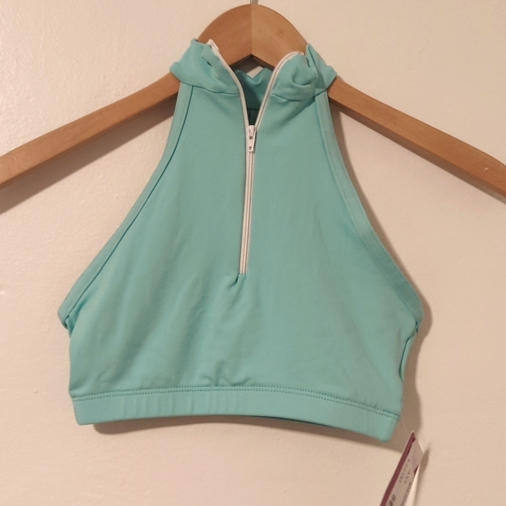 New Motionwear Zip Halter Dance Cheer Yoga Bra Top - Teal Sea Green Aqua size XS